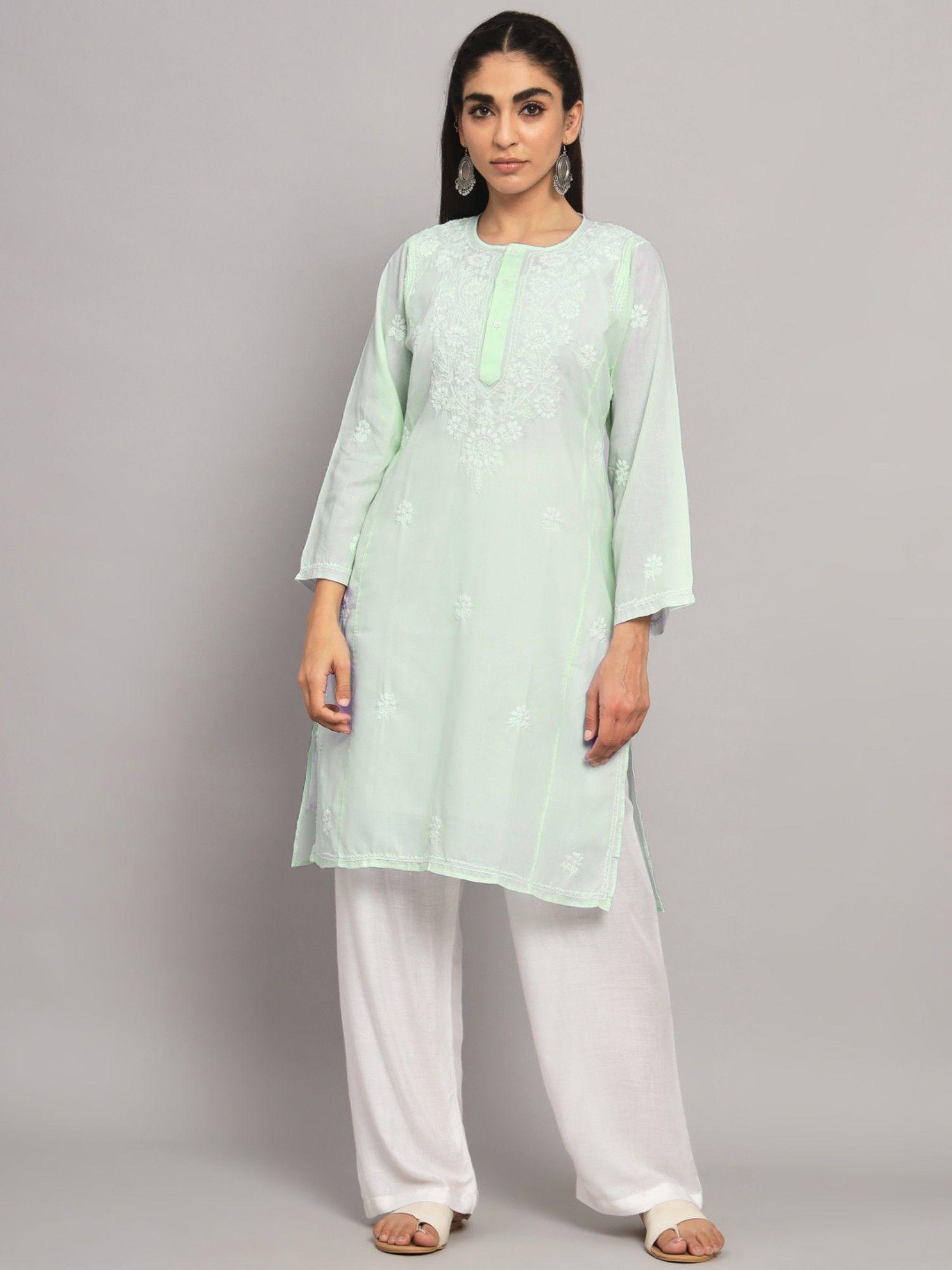 women's green hand embroidered chikankari cotton straight kurta