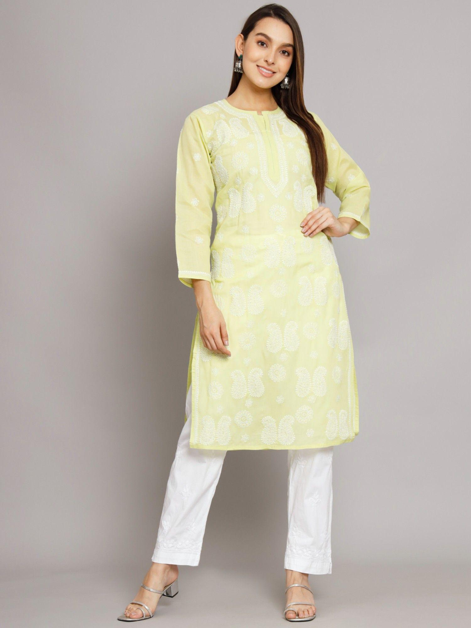 women's green hand embroidered chikankari cotton straight kurta