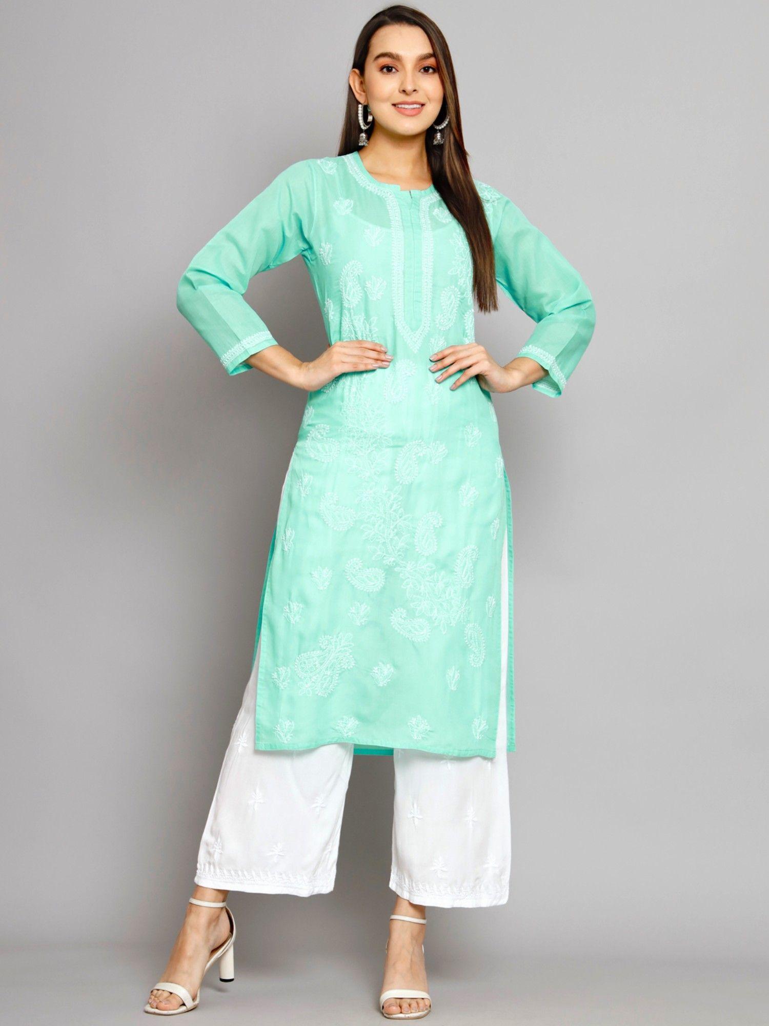 women's green hand embroidered chikankari cotton straight kurta