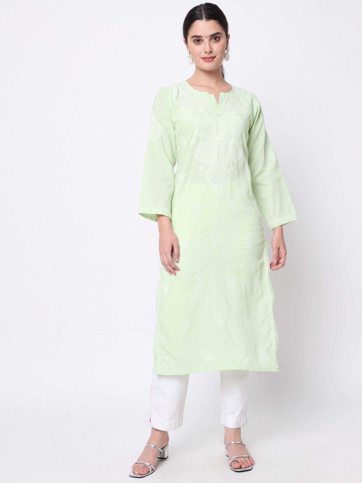 women's green hand embroidered chikankari cotton straight kurta