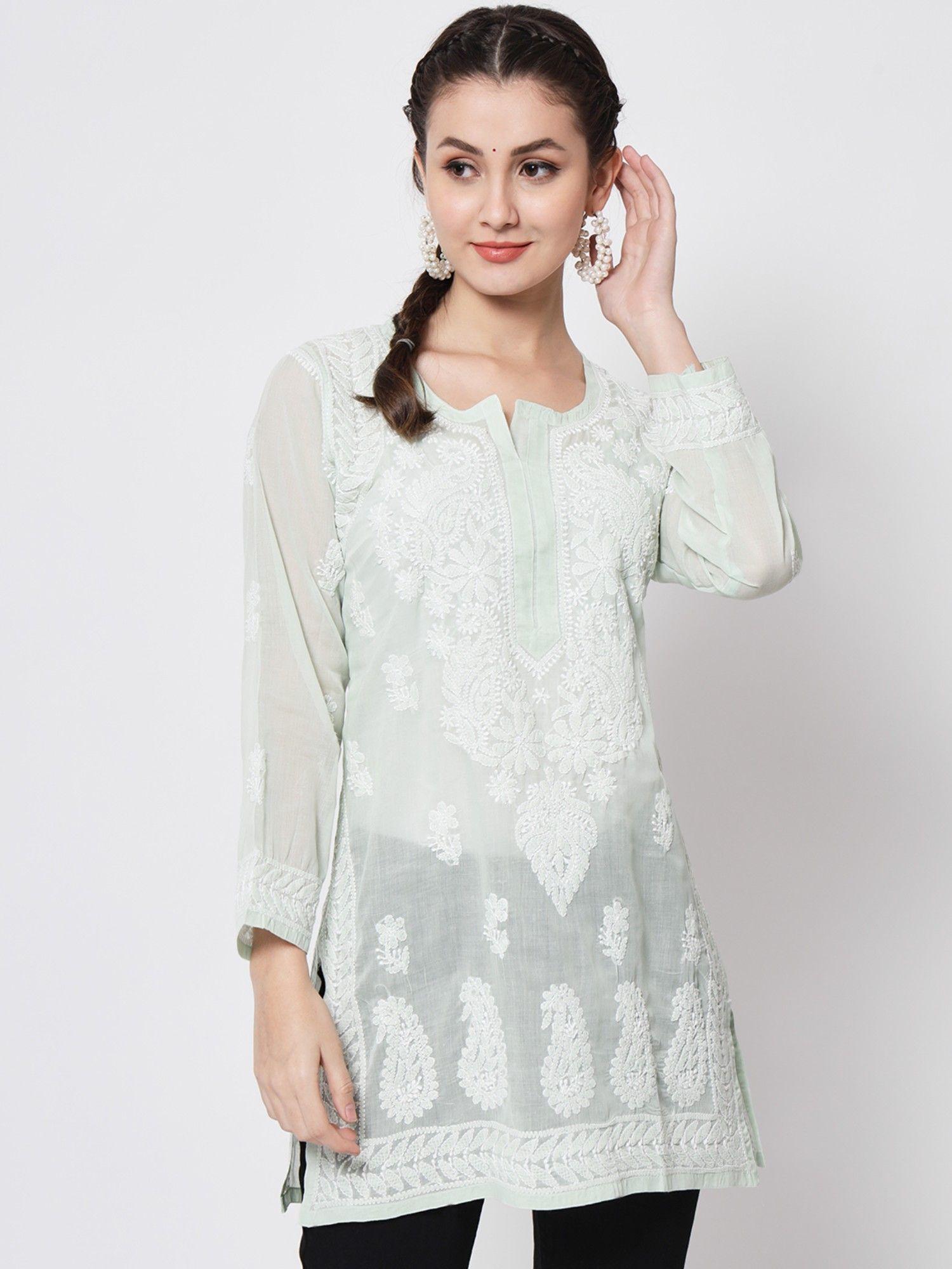 women's green hand embroidered chikankari floral cotton tunic