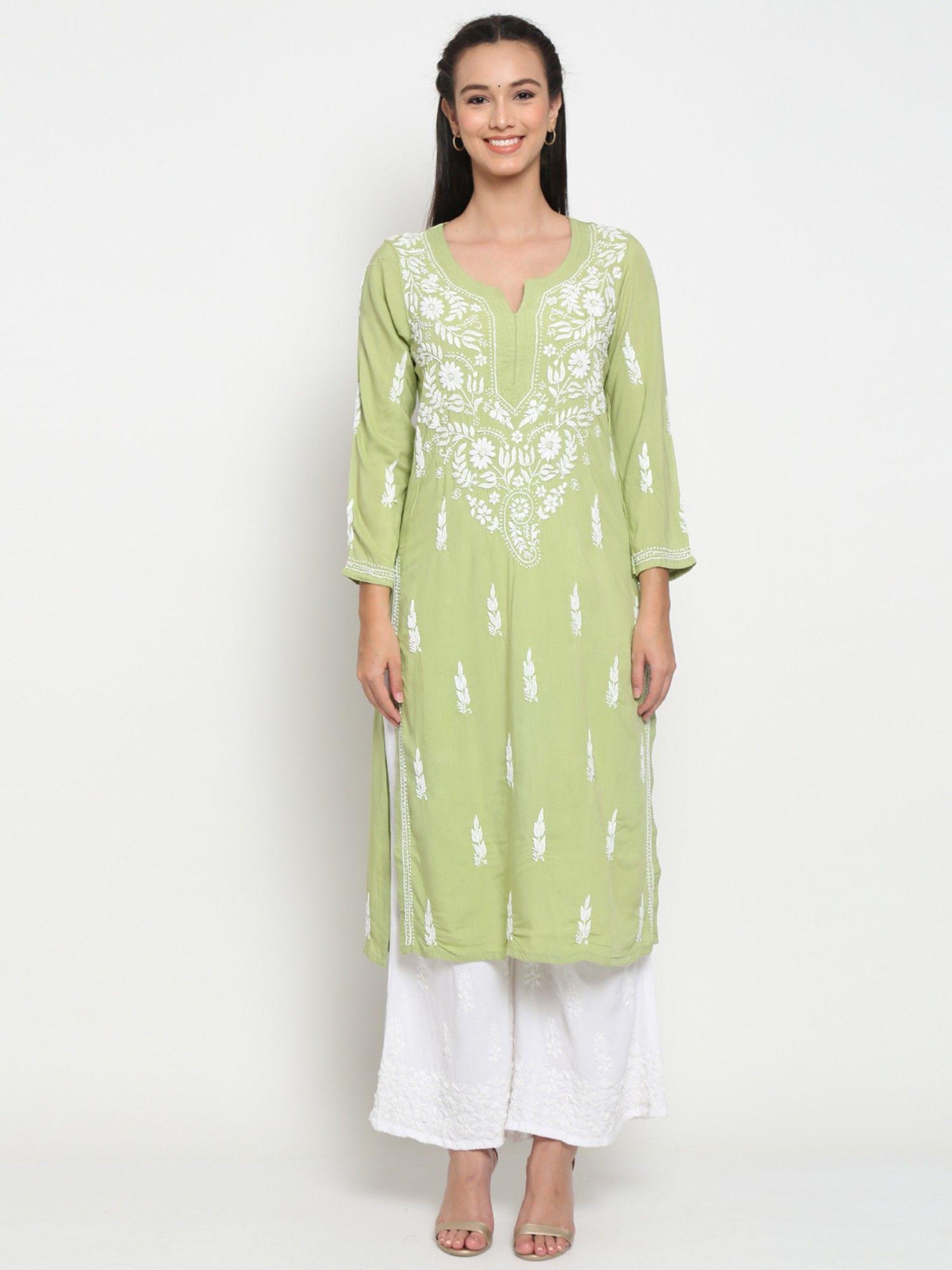 women's green hand embroidered chikankari rayon straight kurta