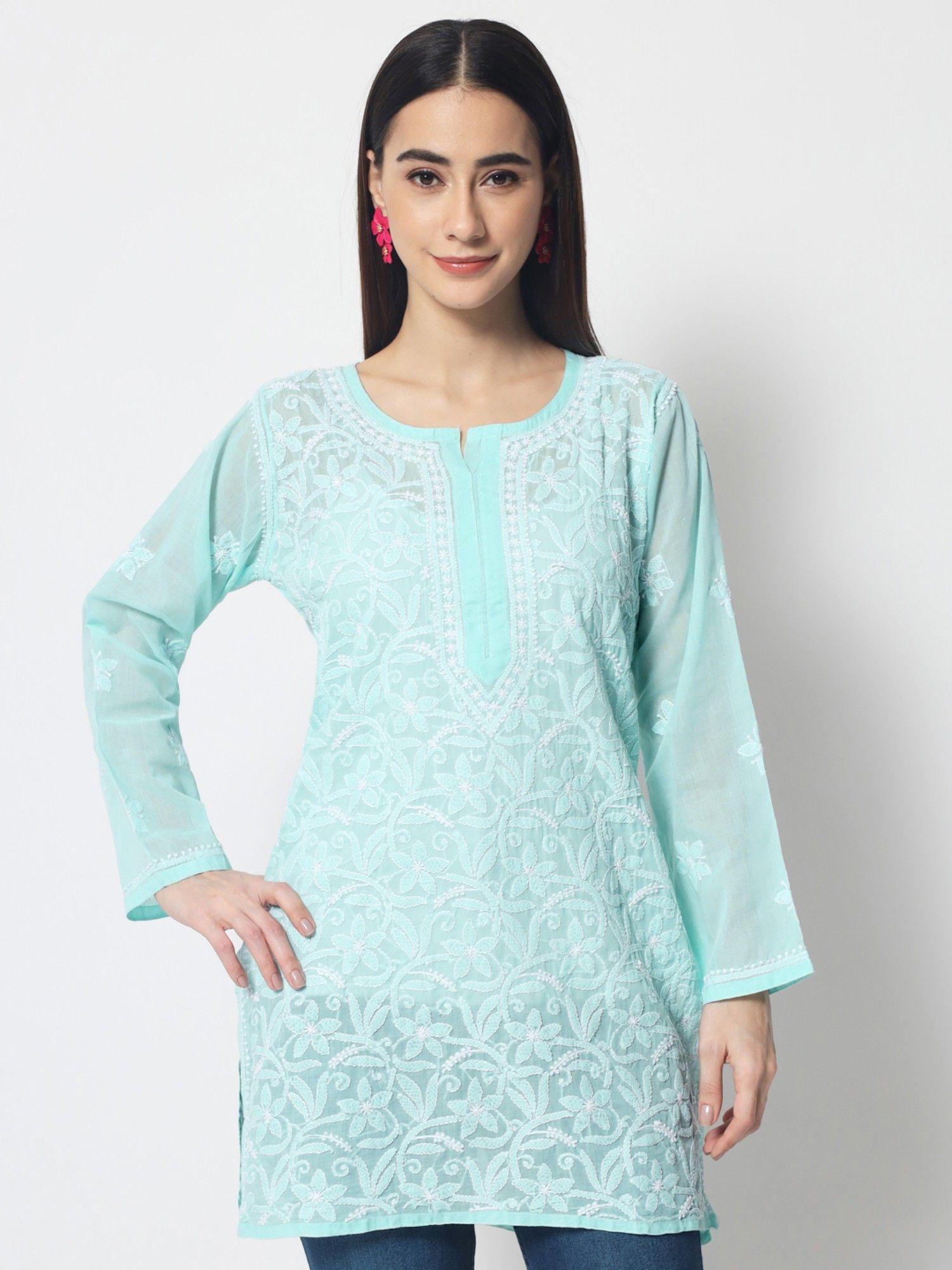 women's green hand embroidered lucknowi chikankari cotton tunic