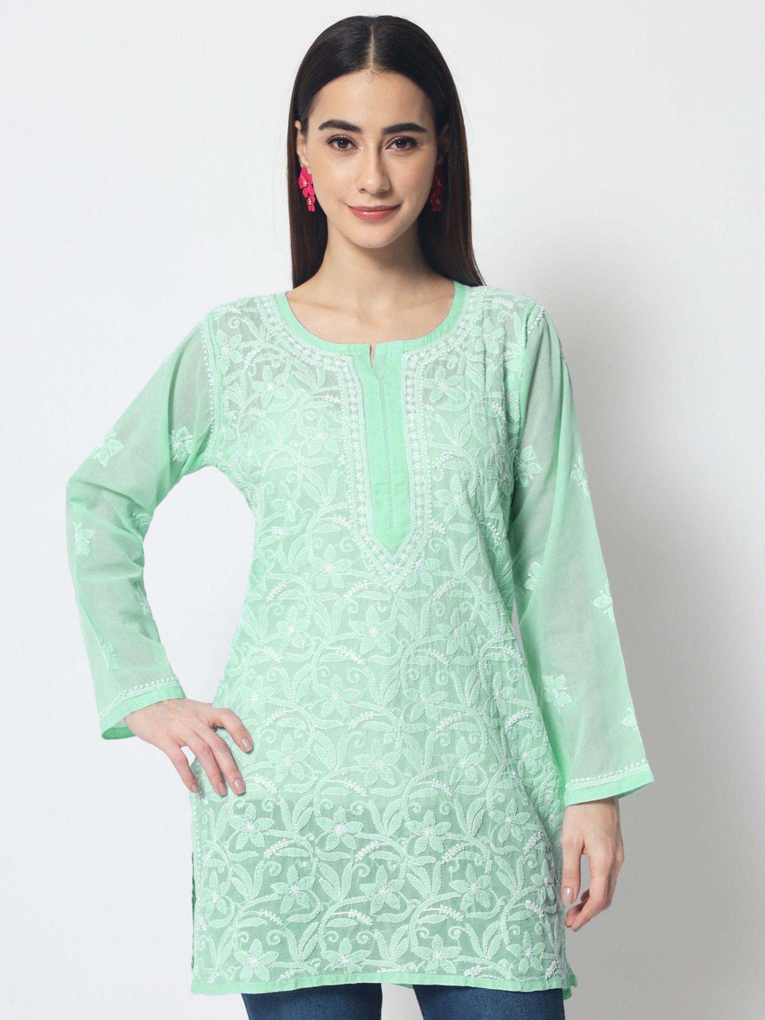 women's green hand embroidered lucknowi chikankari cotton tunic