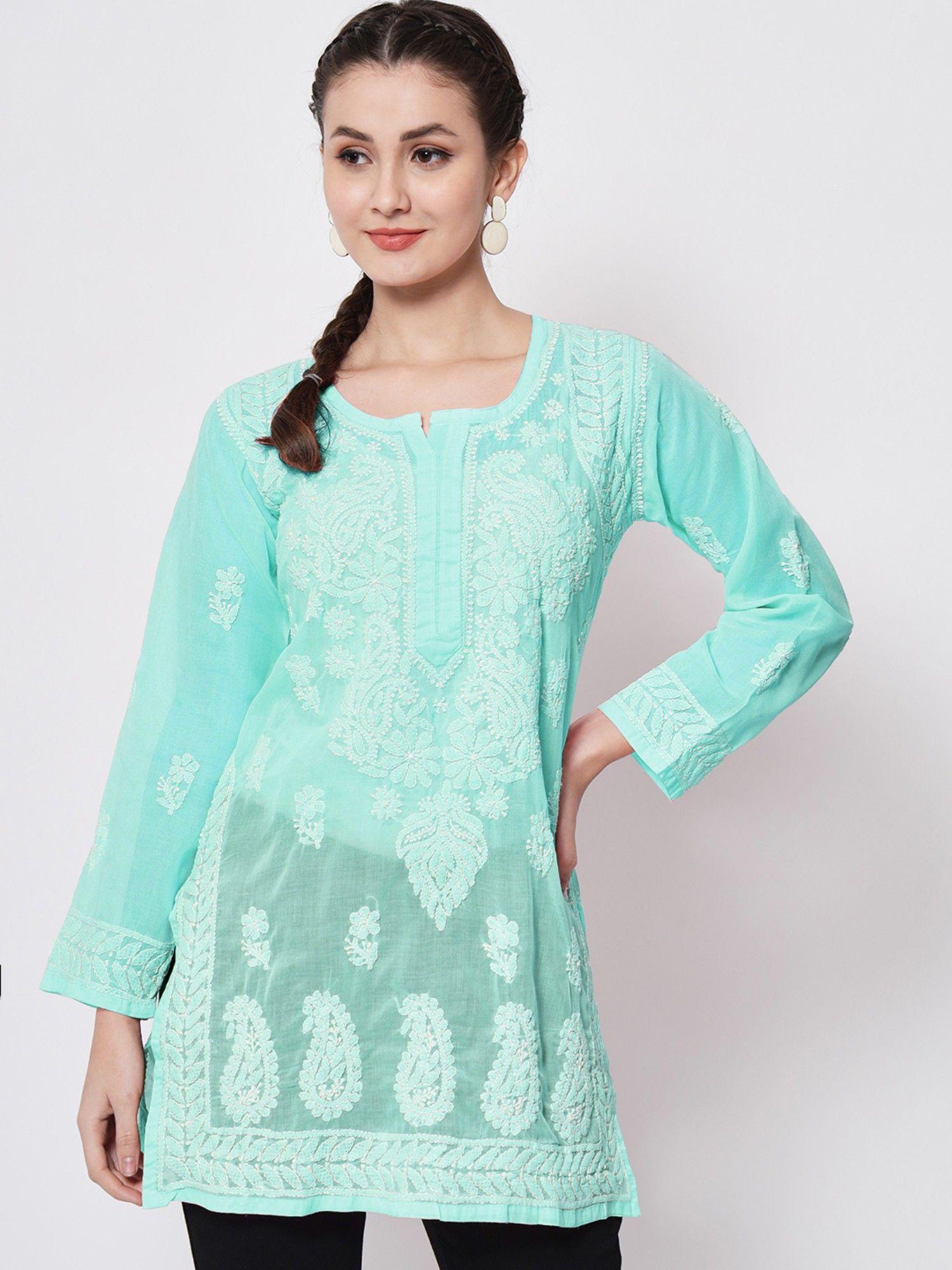 women's green hand embroidered lucknowi chikankari cotton tunic