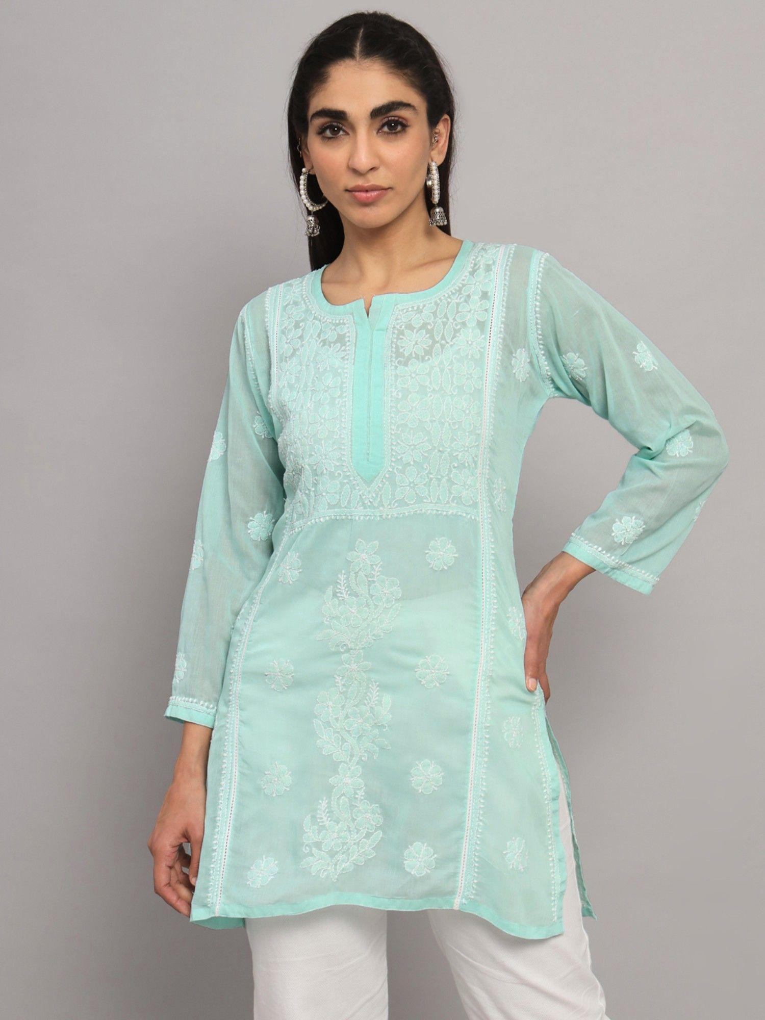 women's green hand embroidered lucknowi chikankari cotton tunic