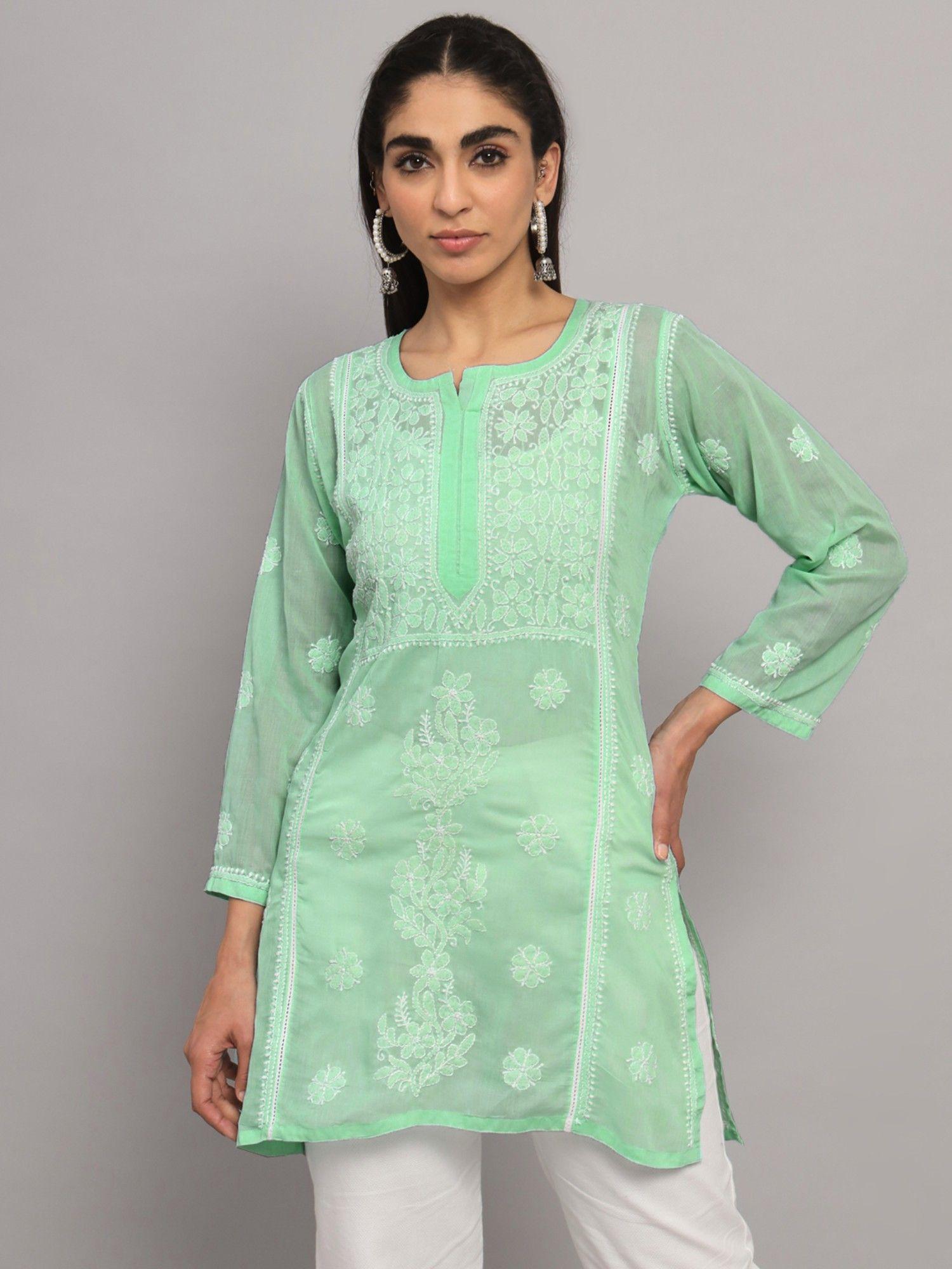 women's green hand embroidered lucknowi chikankari cotton tunic