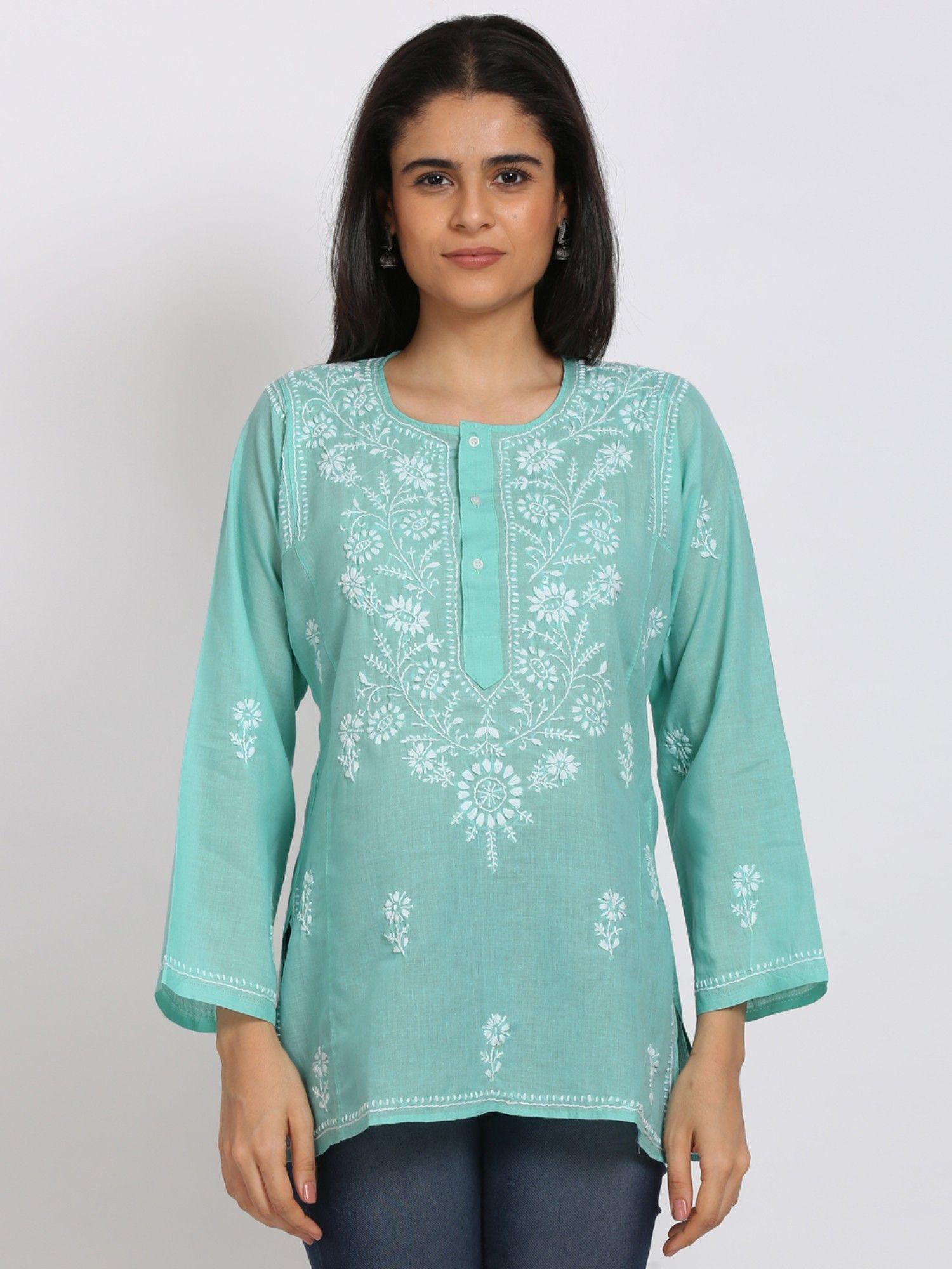 women's green hand embroidered lucknowi chikankari floral tunic