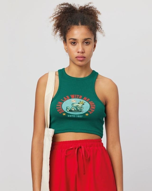 women's green mr. grumpy printed crop tank top