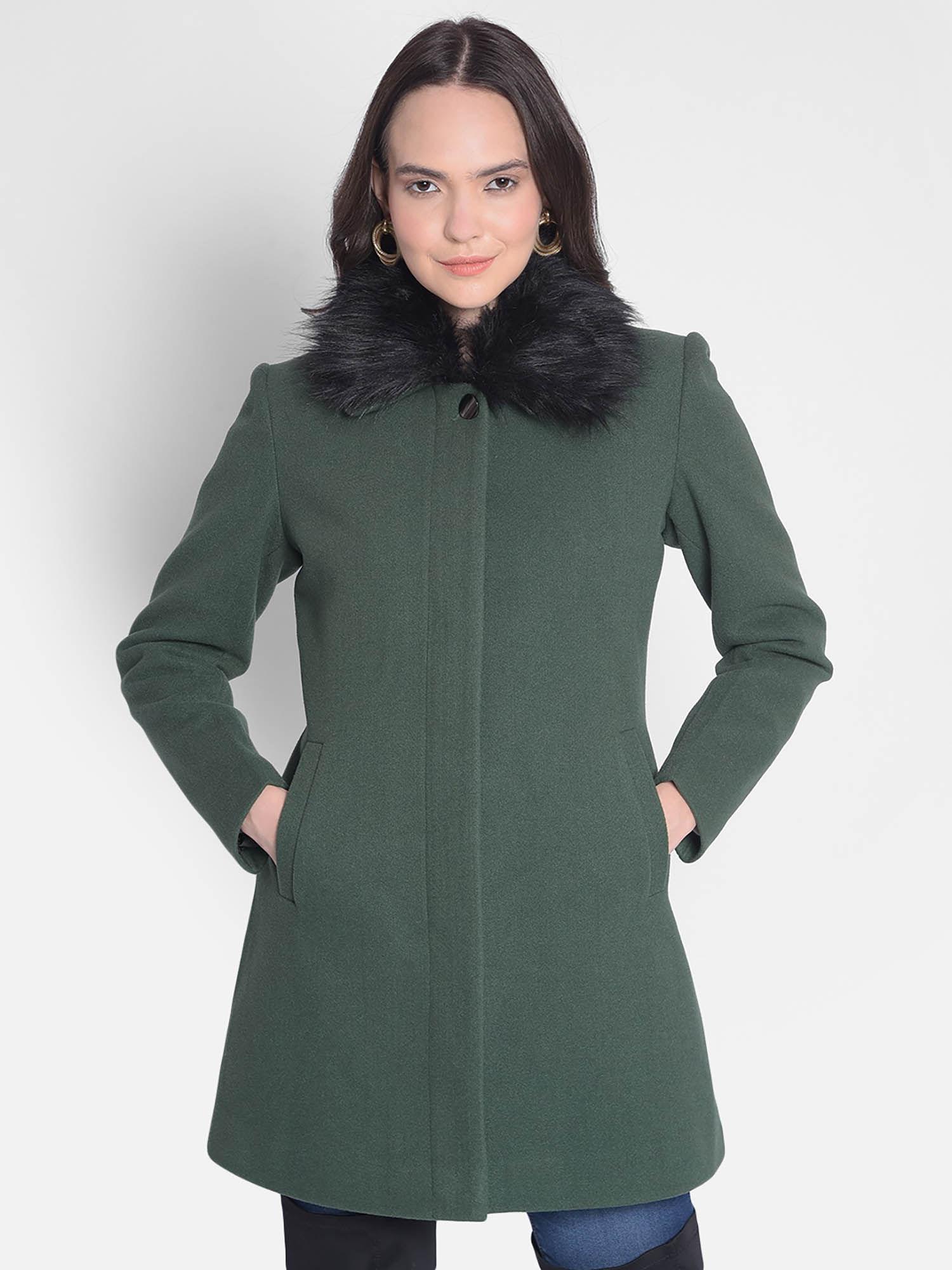 women's green overcoat with faux fur detail