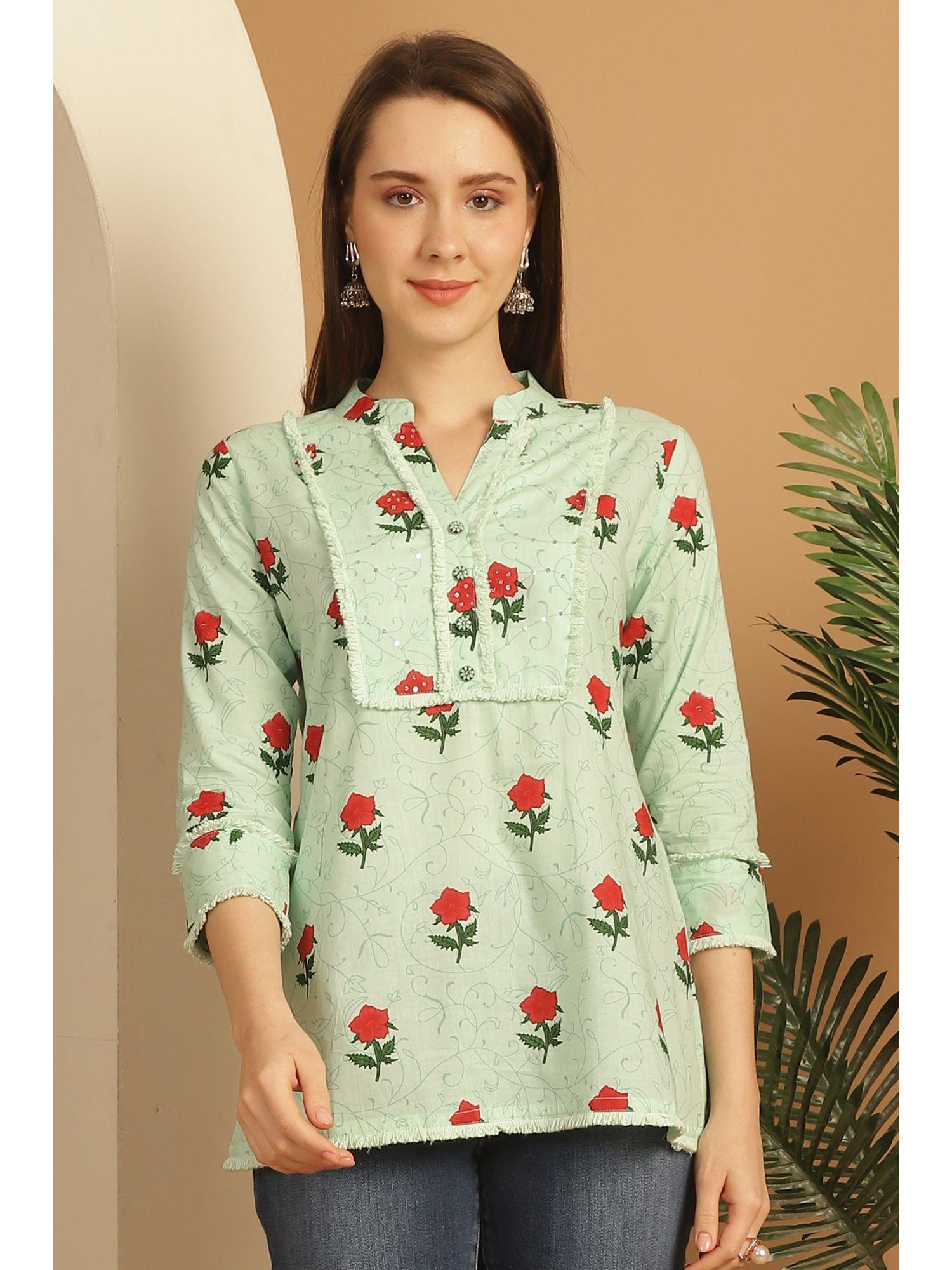 women's green pure cotton floral printed short tunic