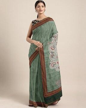 women's green silk blend printed saree saree