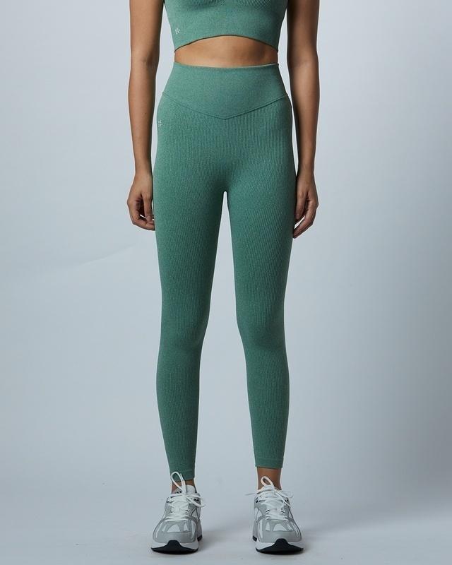 women's green skinny fit sports tights