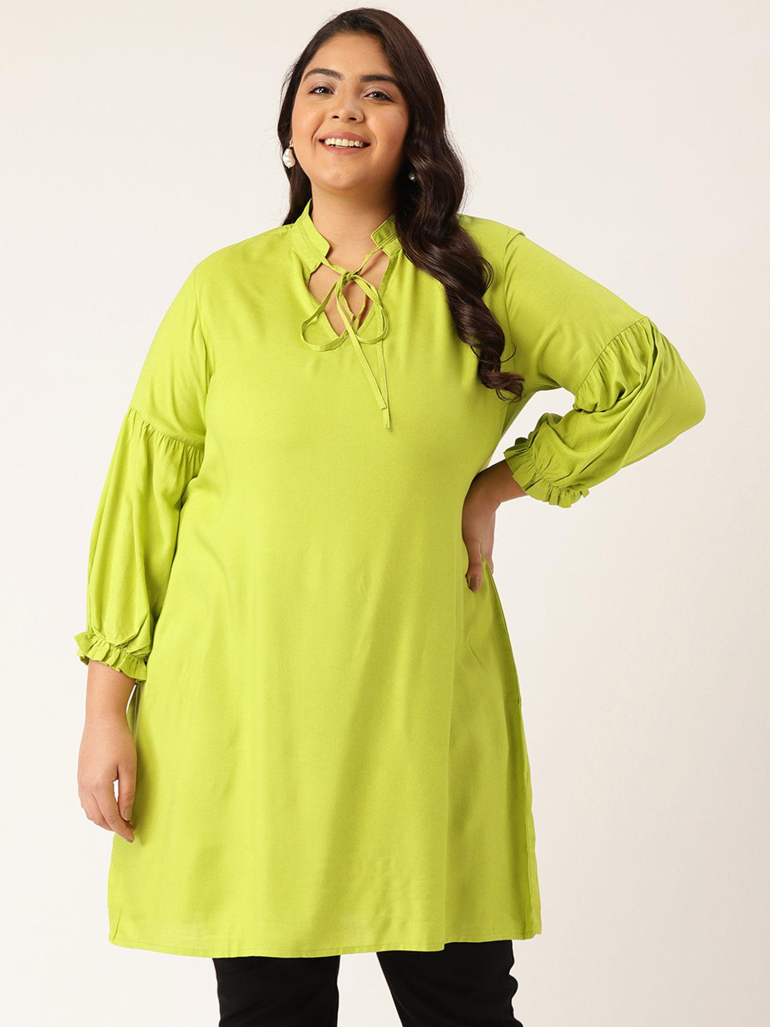 women's green solid color notch neck tunic