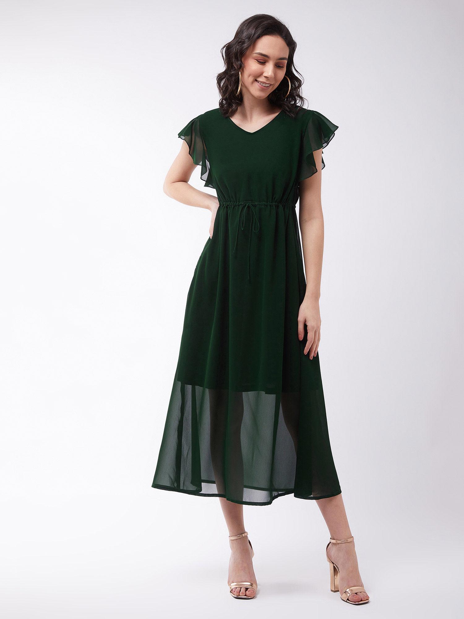 women's green solid georgette regular fit v neck half sleeve midi dress