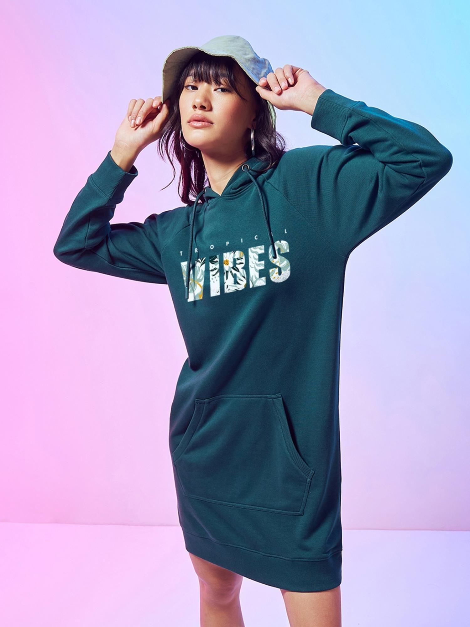 women's green tropical vibes graphic printed hoodie mini dress