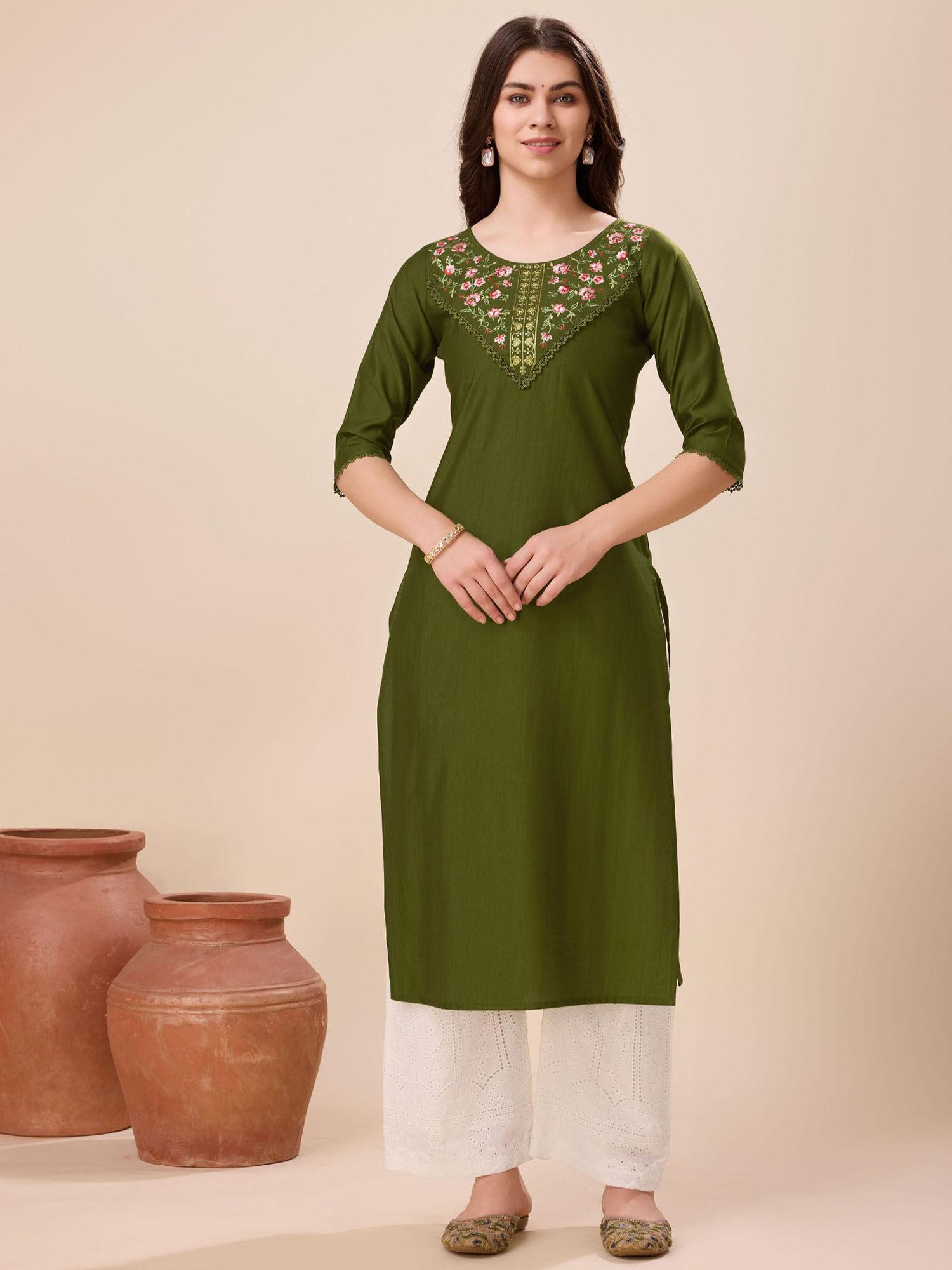 women's green viscose lace work embroidered straight kurta