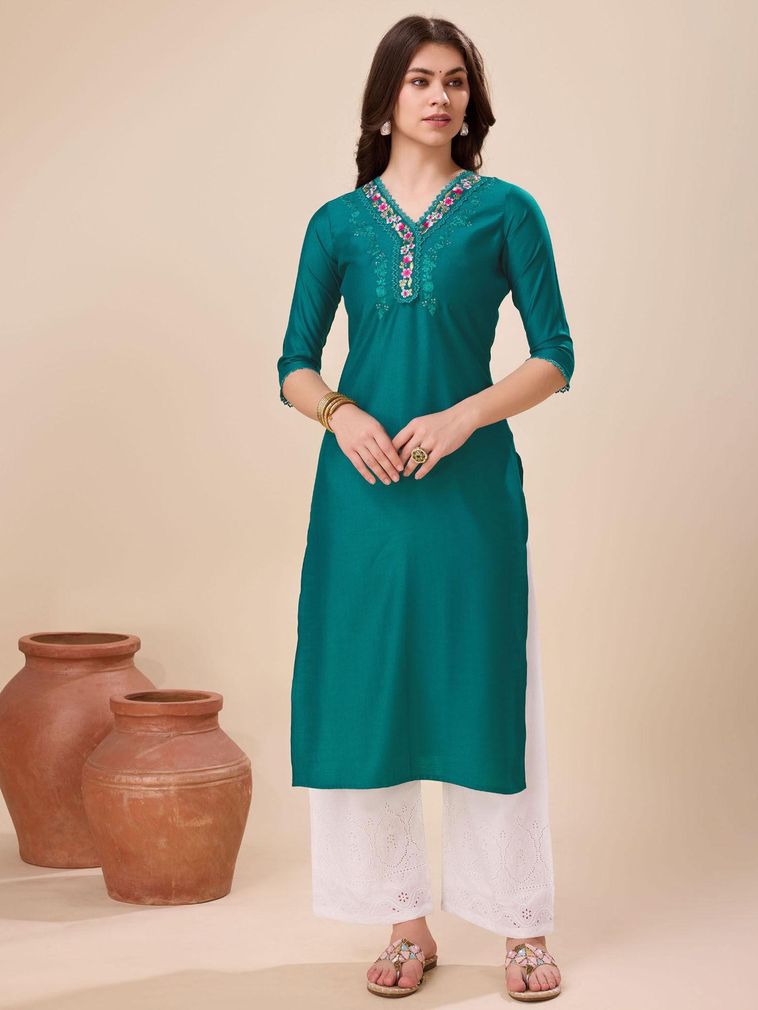 women's green viscose lace work embroidered straight kurta