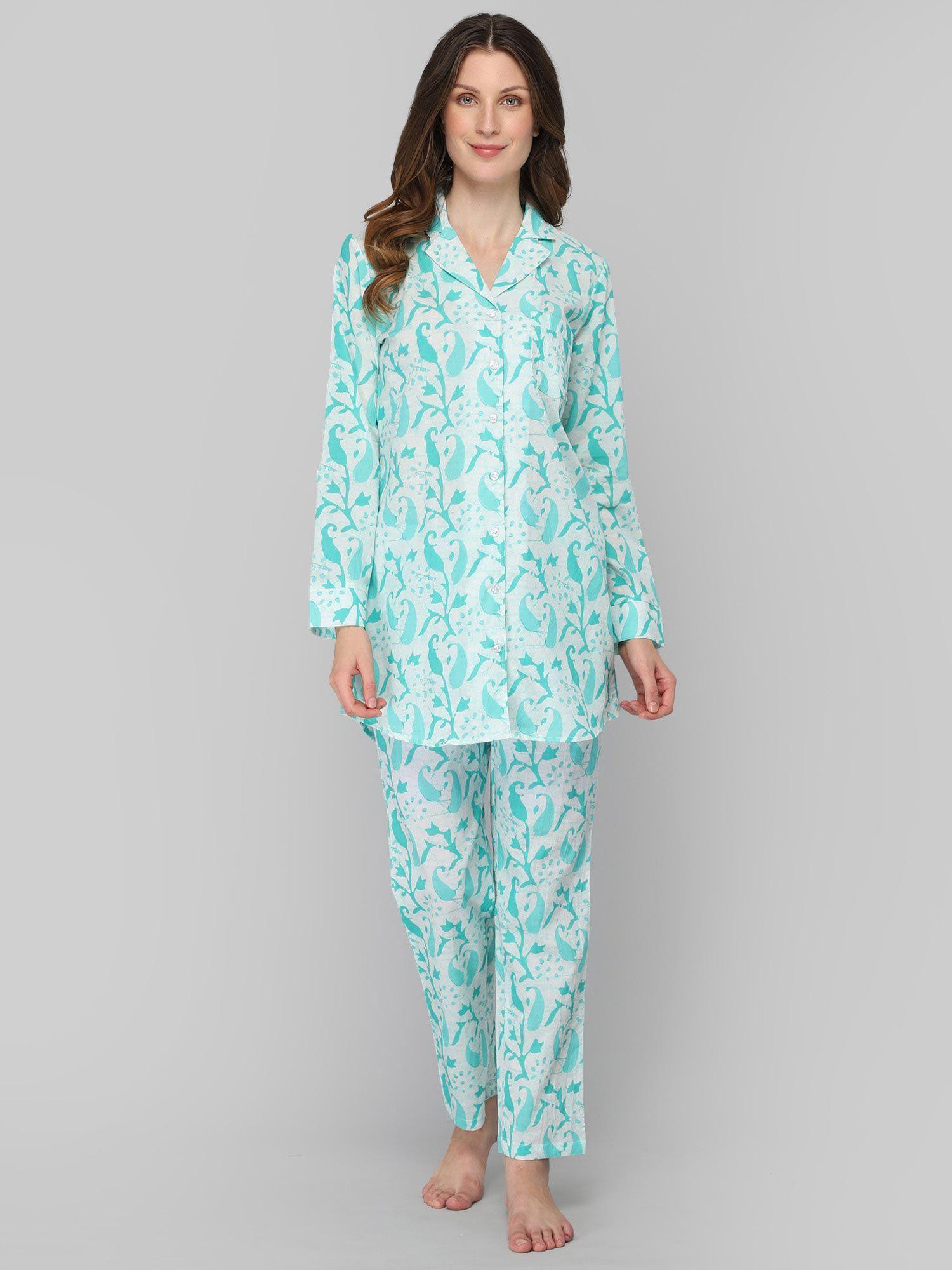 women's green white print night suit (set of 2)