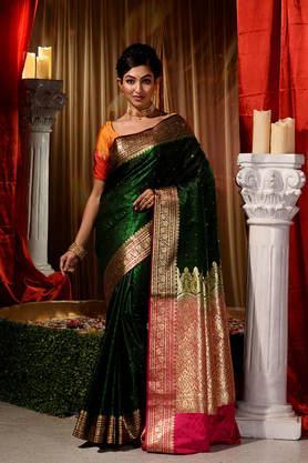 women's green zari weaved kanjivaram saree with blouse piece with stone work - dark green