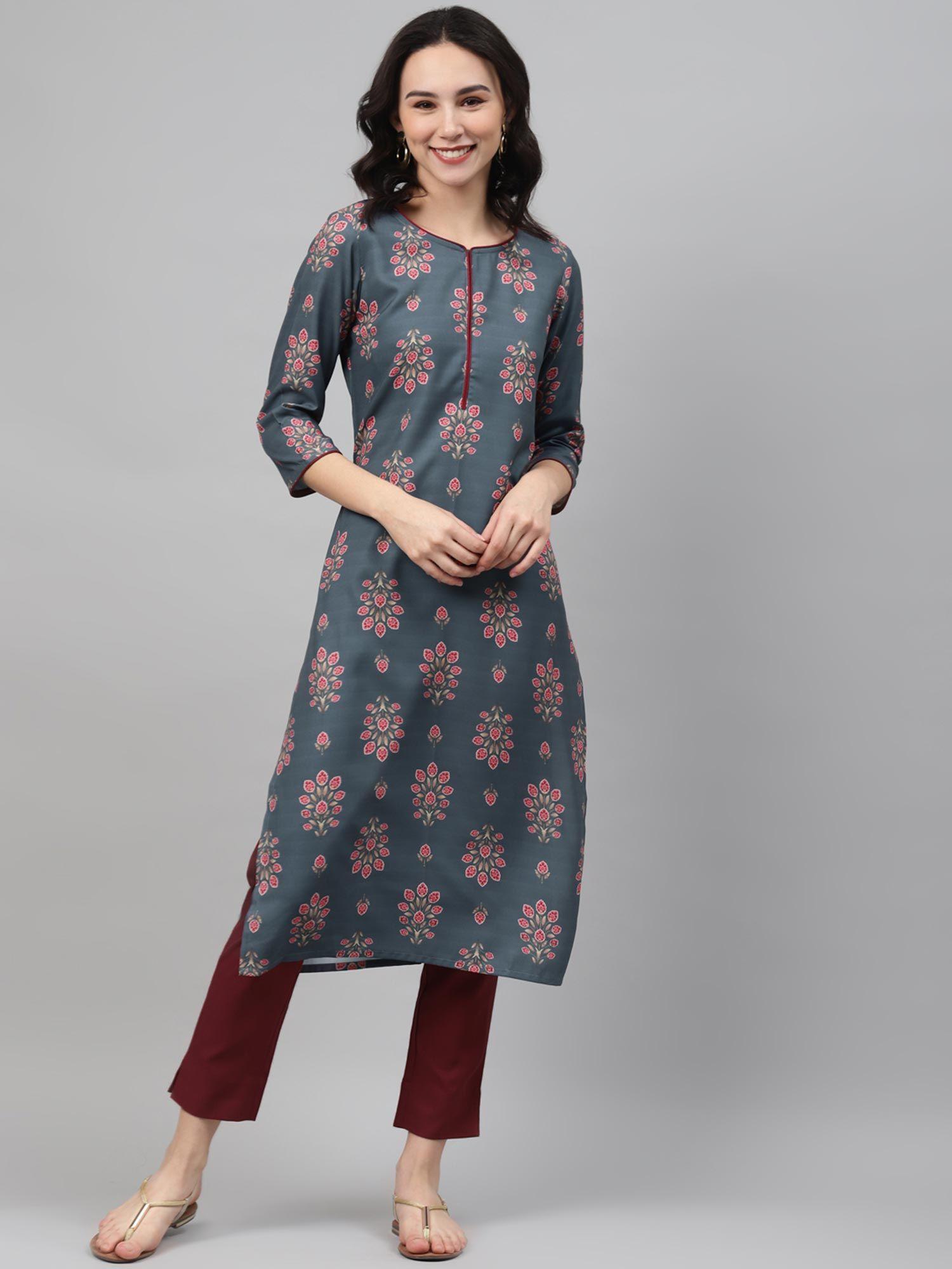 women's grey color screen print straight kurta