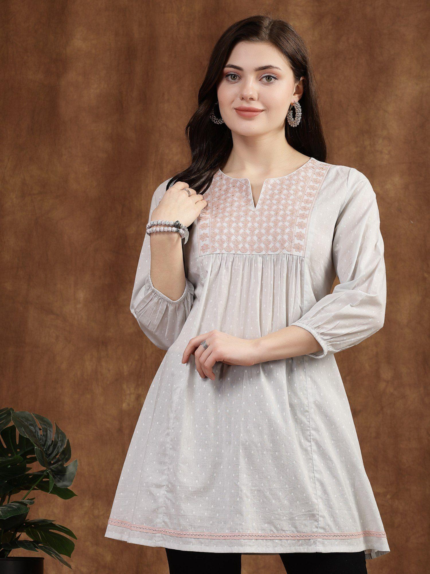 women's grey embroidered cotton tunic