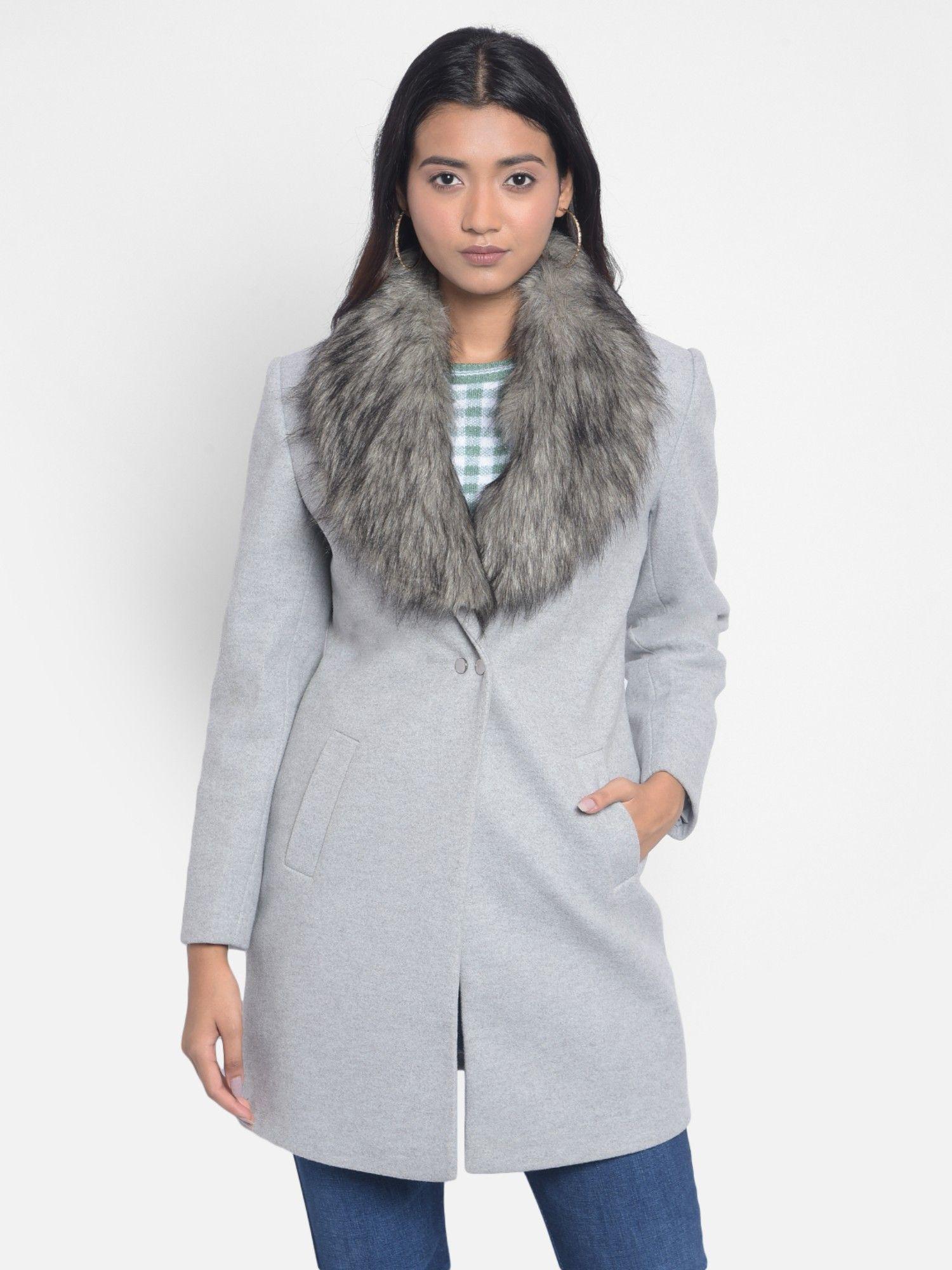 women's grey faux fur detailed overcoat