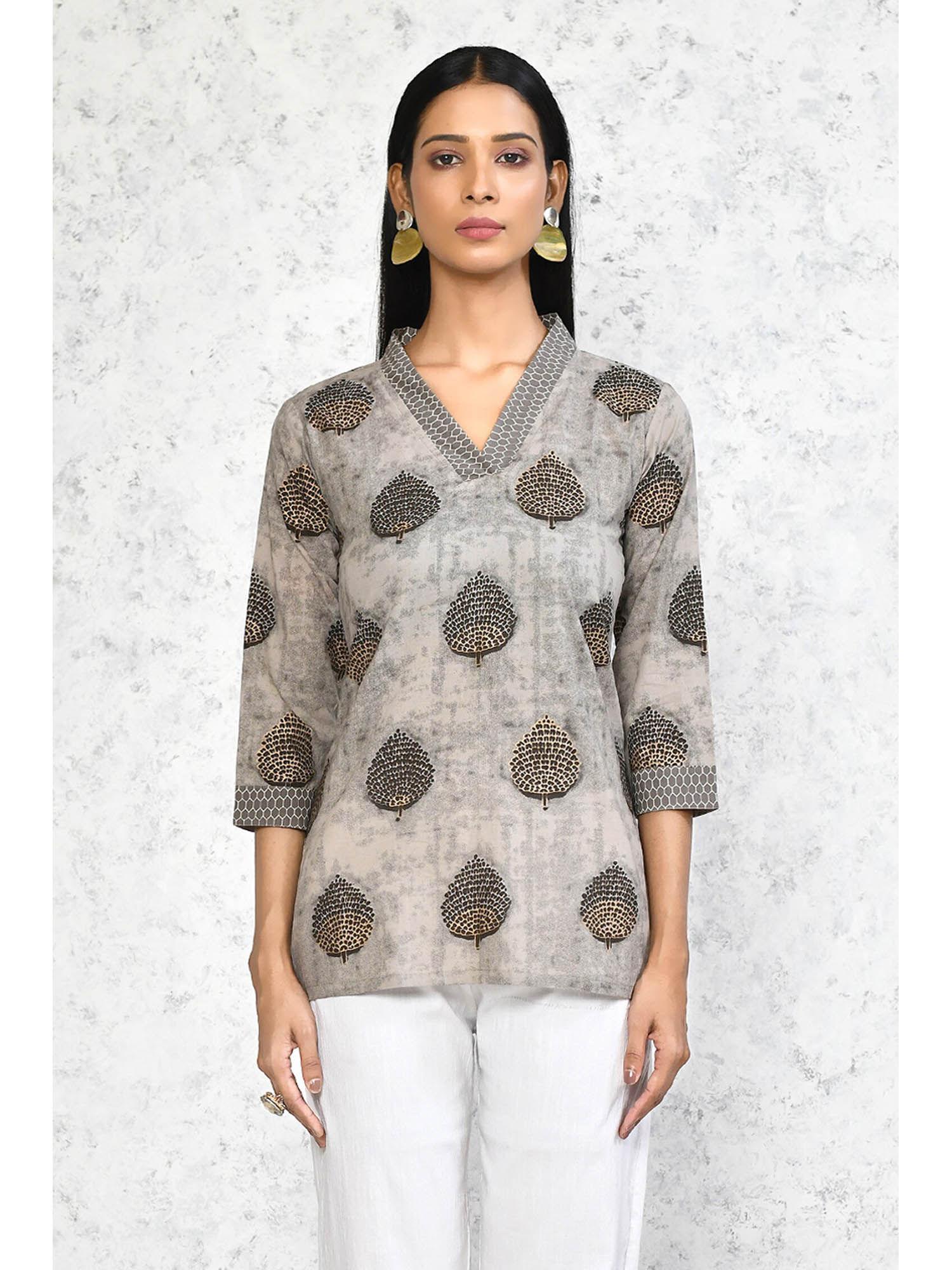 women's grey floral printed pure cotton tunic