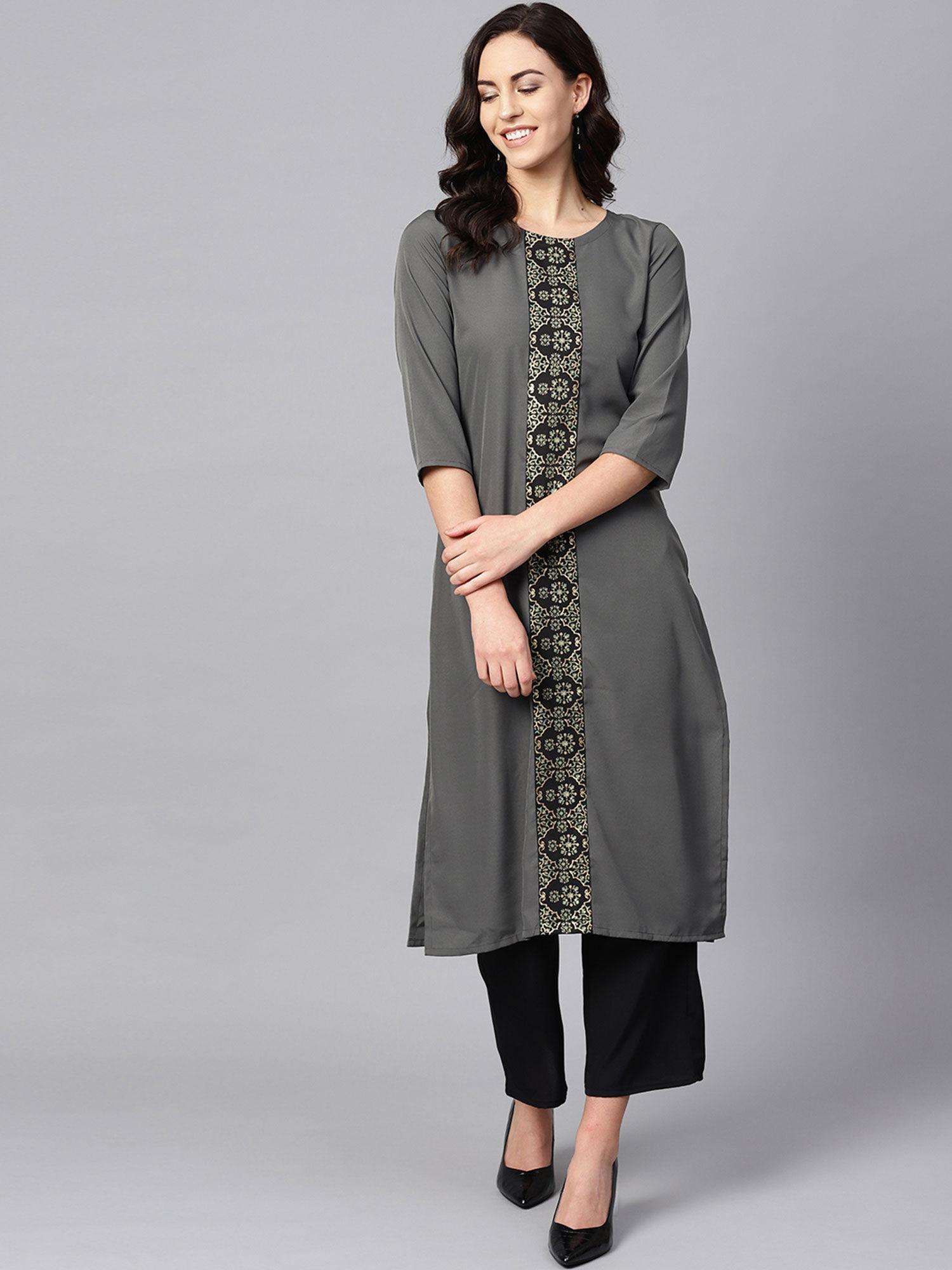 women's grey foil print straight crepe kurta