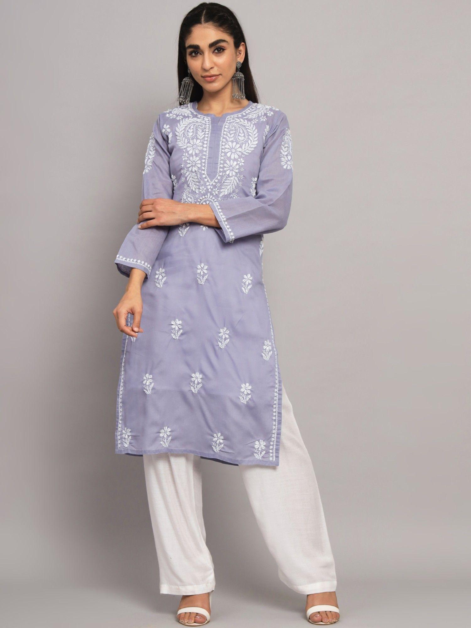 women's grey hand embroidered chikankari cotton straight kurta