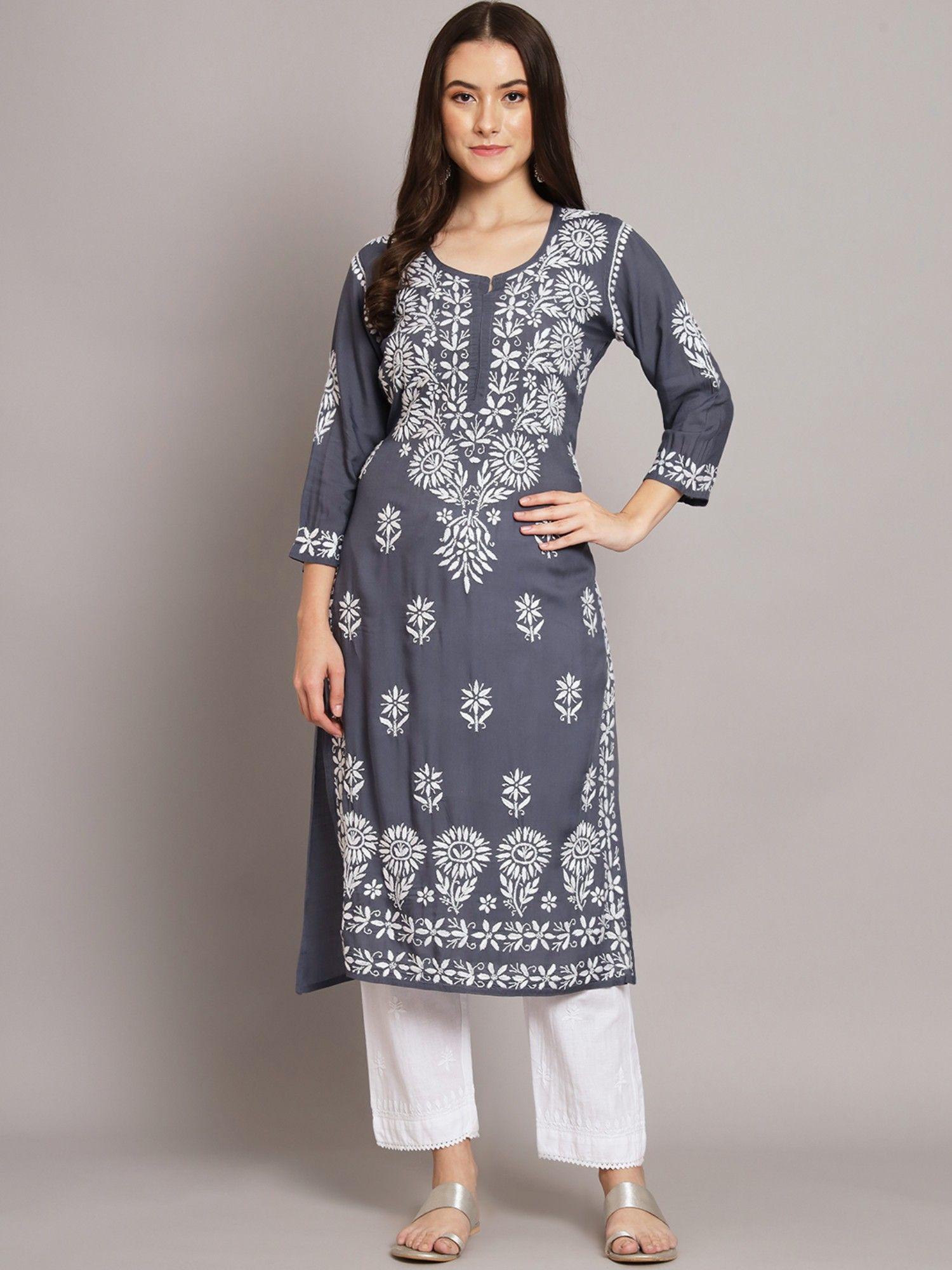 women's grey hand embroidered chikankari cotton straight kurta