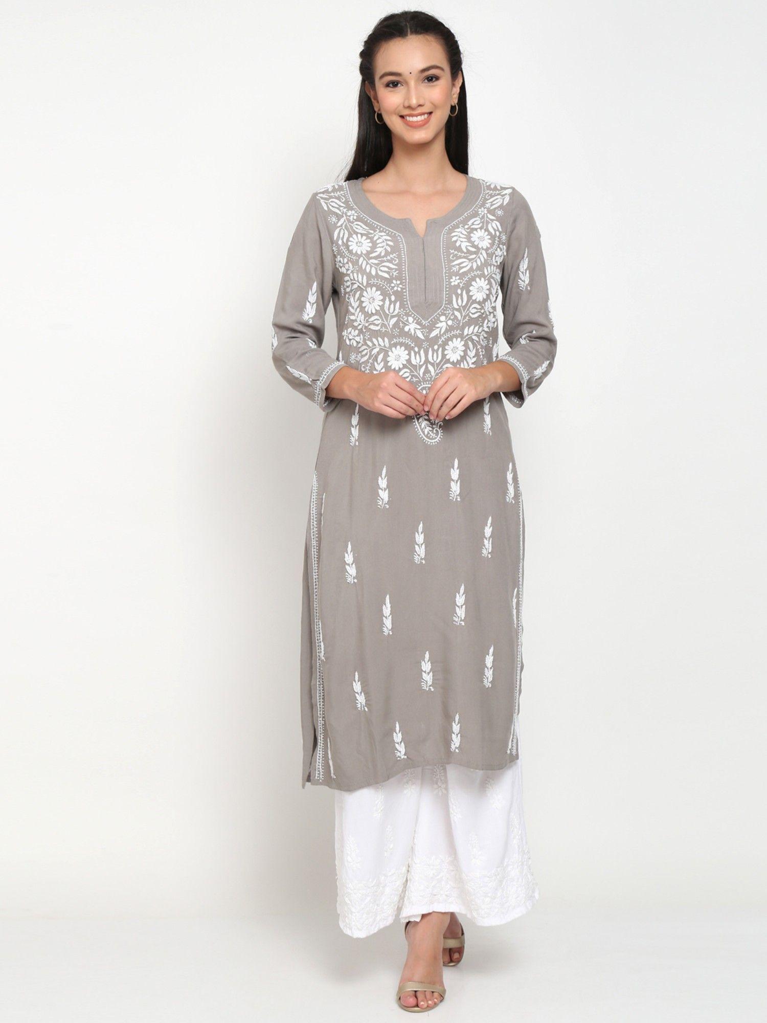 women's grey hand embroidered chikankari rayon straight kurta