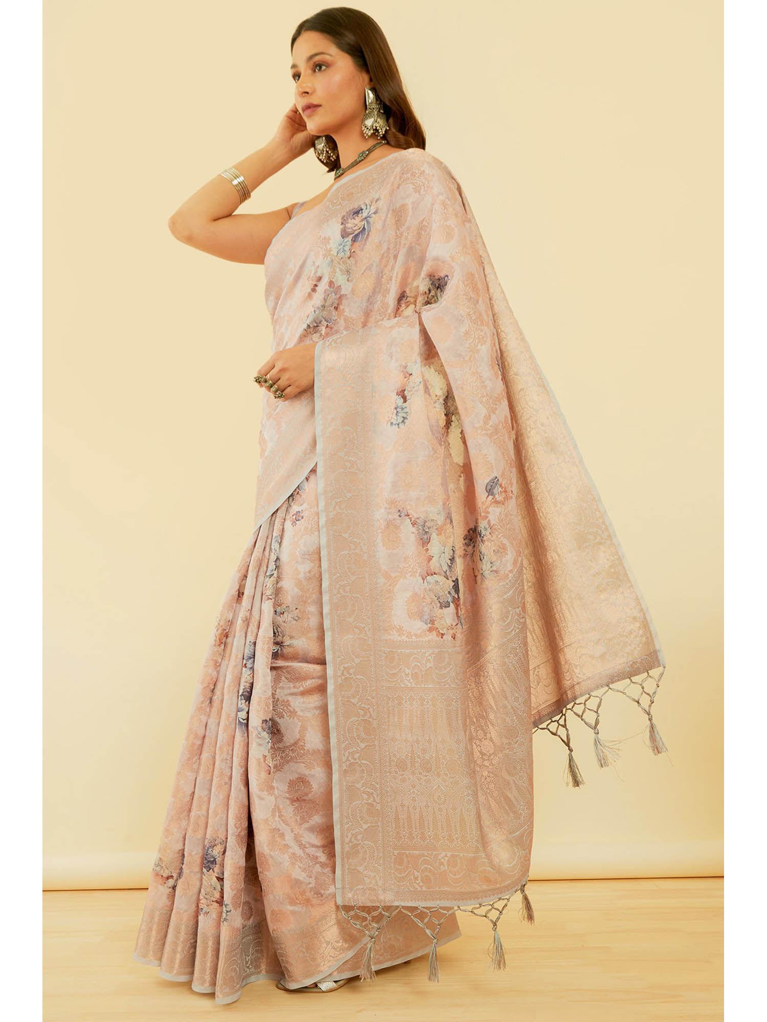 women's grey jacquard chanderi saree with floral print with unstitched blouse