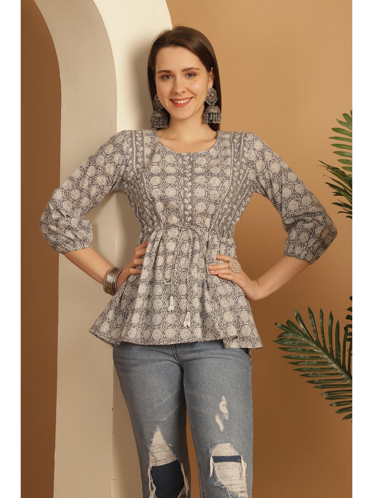 women's grey pure cotton printed short tunic