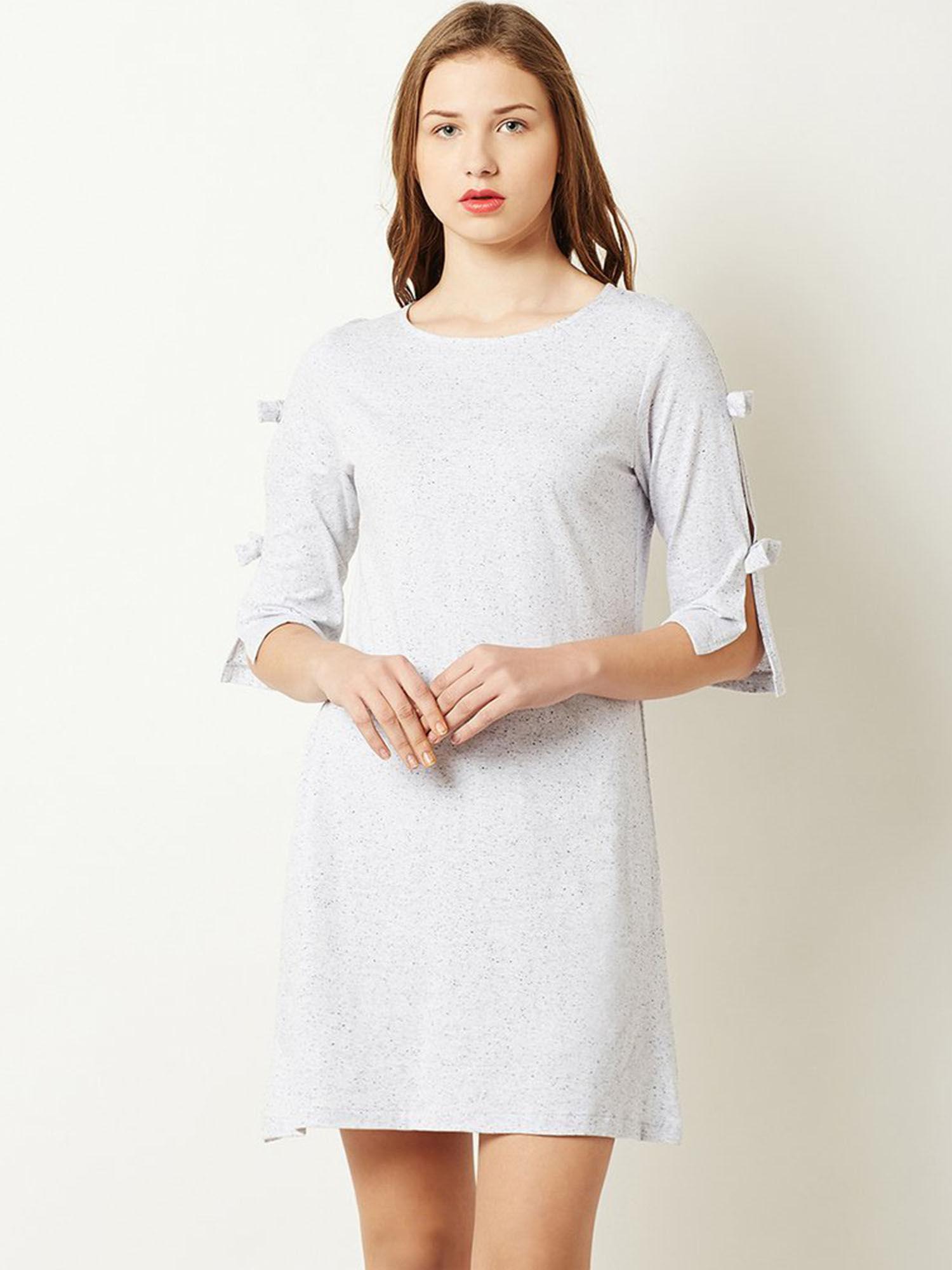 women's grey round neck slit 3/4 sleeve solid mini a-line dress