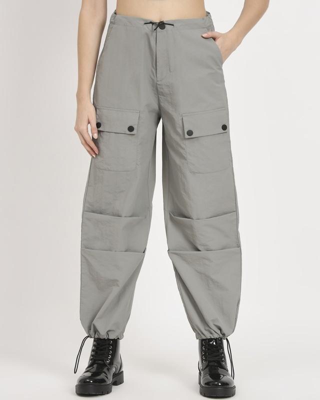 women's grey tapered fit cargo parachute pants