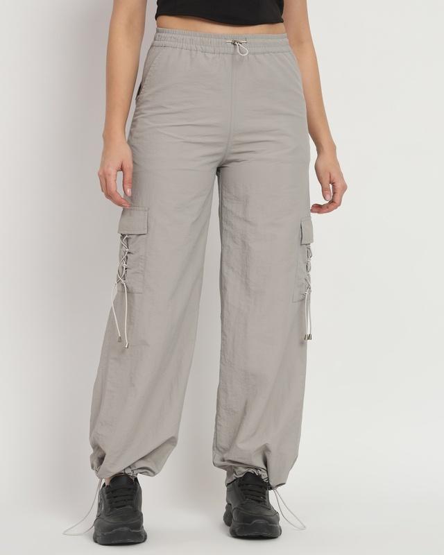 women's grey tapered fit cargo parachute pants