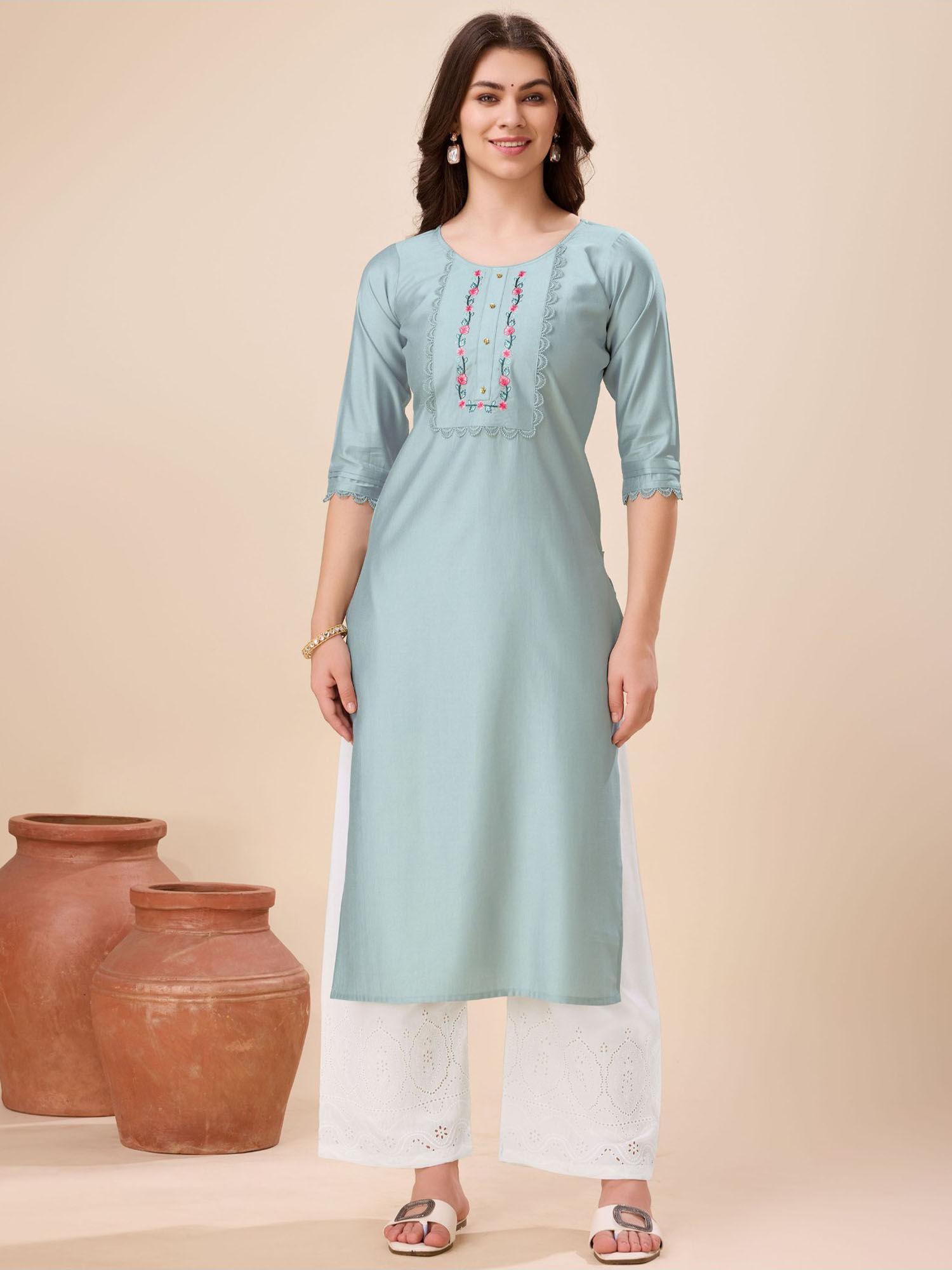 women's grey viscose lace work embroidered straight kurta