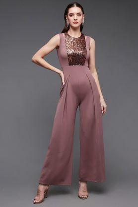 women's halter neck sleeveless solid sequin paneled regular length jumpsuit - mauve