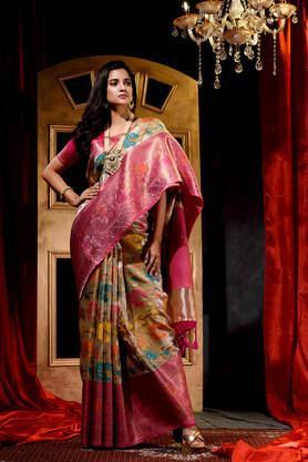 women's handwoven golden meena work tissue silk saree with blouse piece - gold