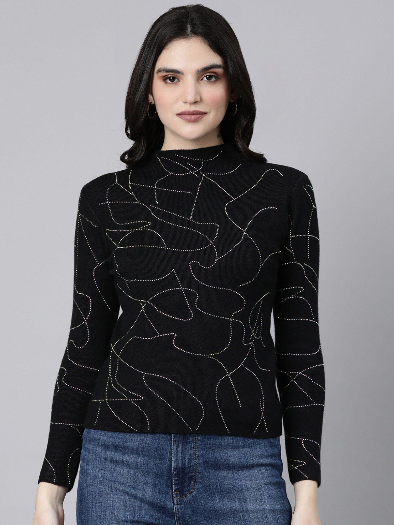 women's high neck embellished black top