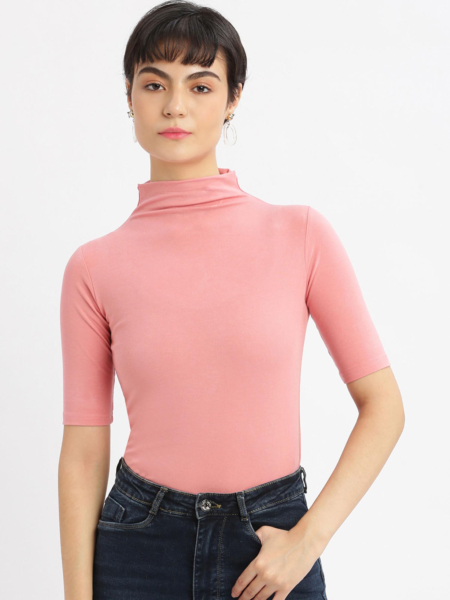 women's high neck pink solid t-shirt