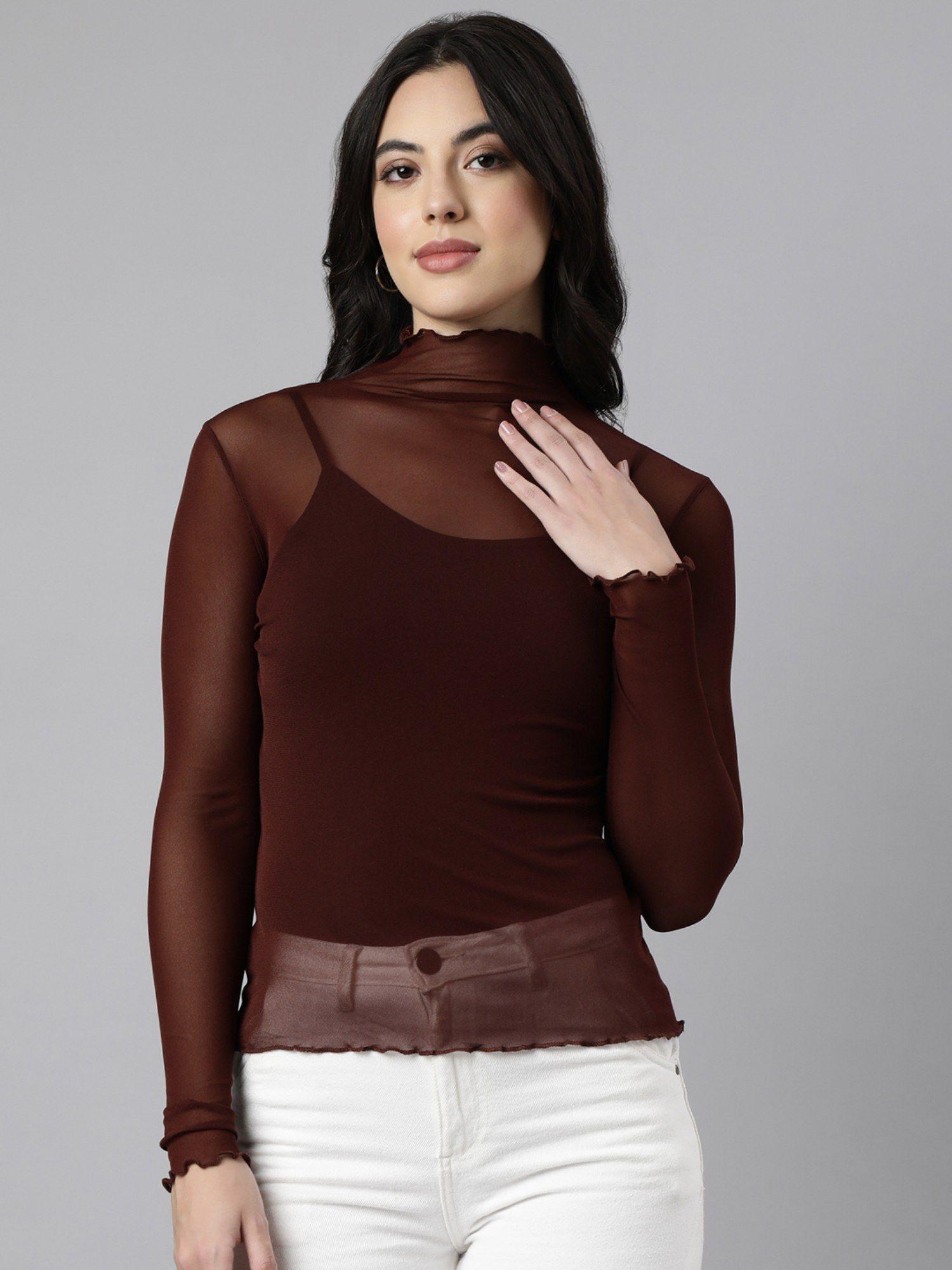 women's high neck solid brown sheer top