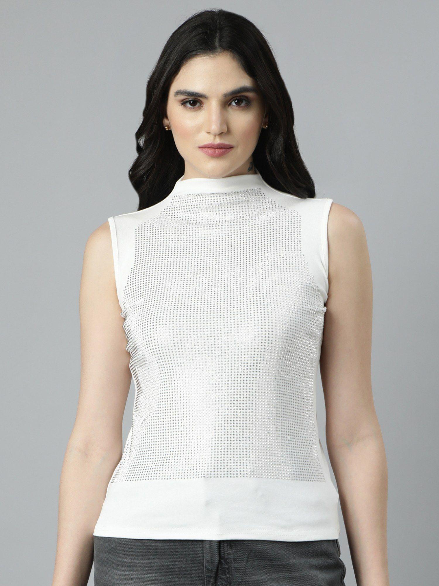 women's high neck solid off white top