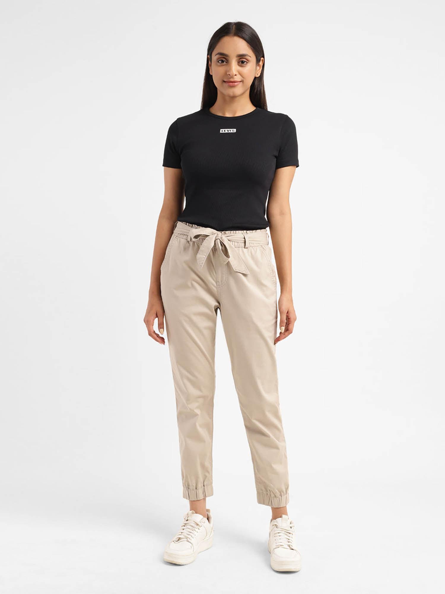 women's high rise beige regular fit pant (set of 2)