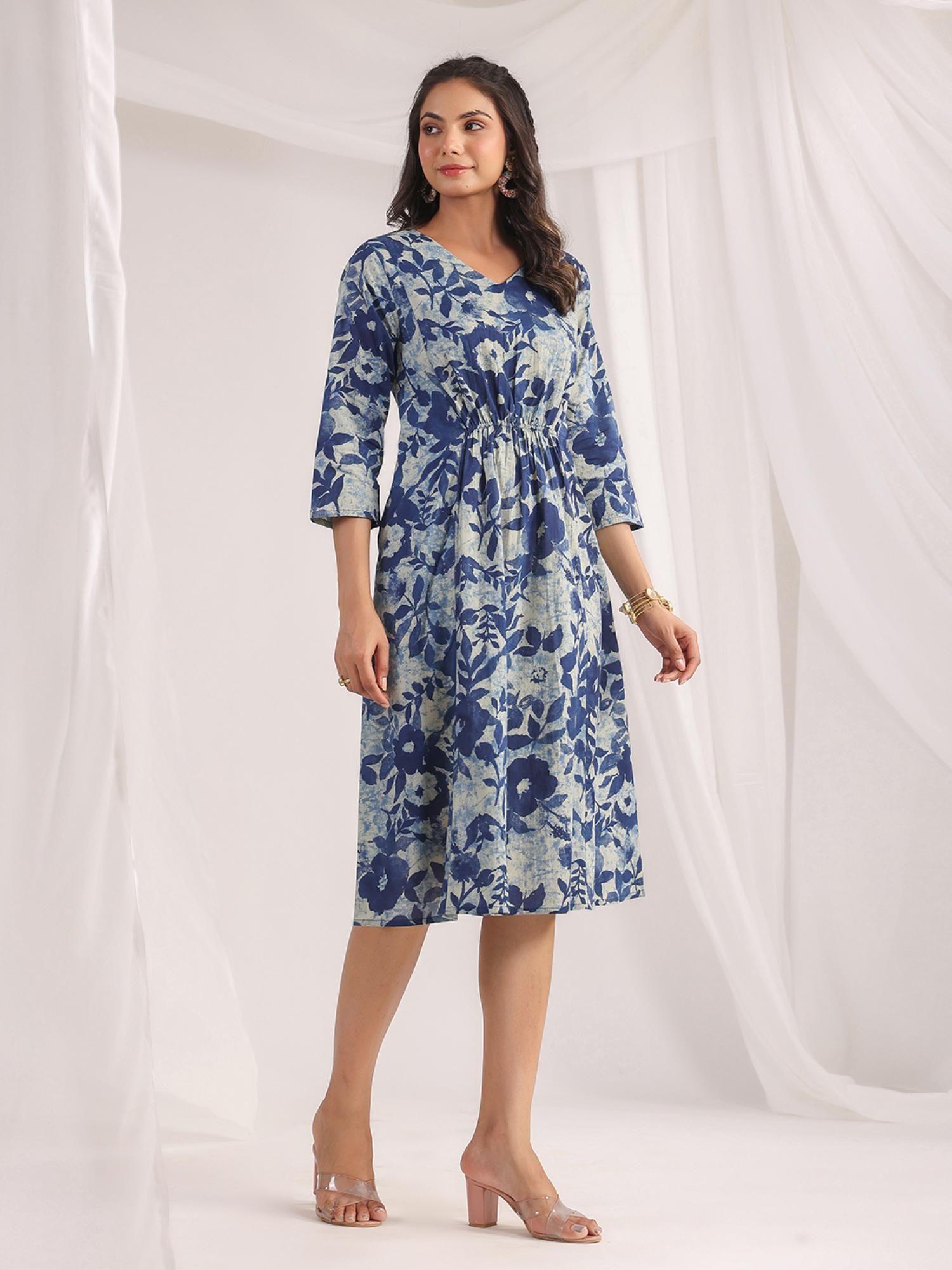 women's indigo cotton floral panelled dress