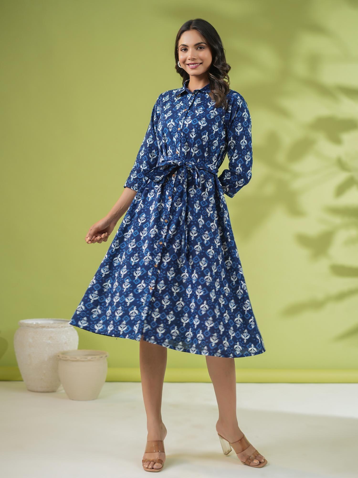 women's indigo pure cotton printed shirt style dress with belt (set of 2)