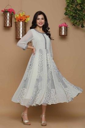 women's ivory georgette printed anarkali kurta with poly crepe lining - ivory