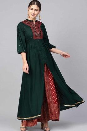 women's jade green rayon embellished front slit kurta with rayon foil print flared palazzo - jade