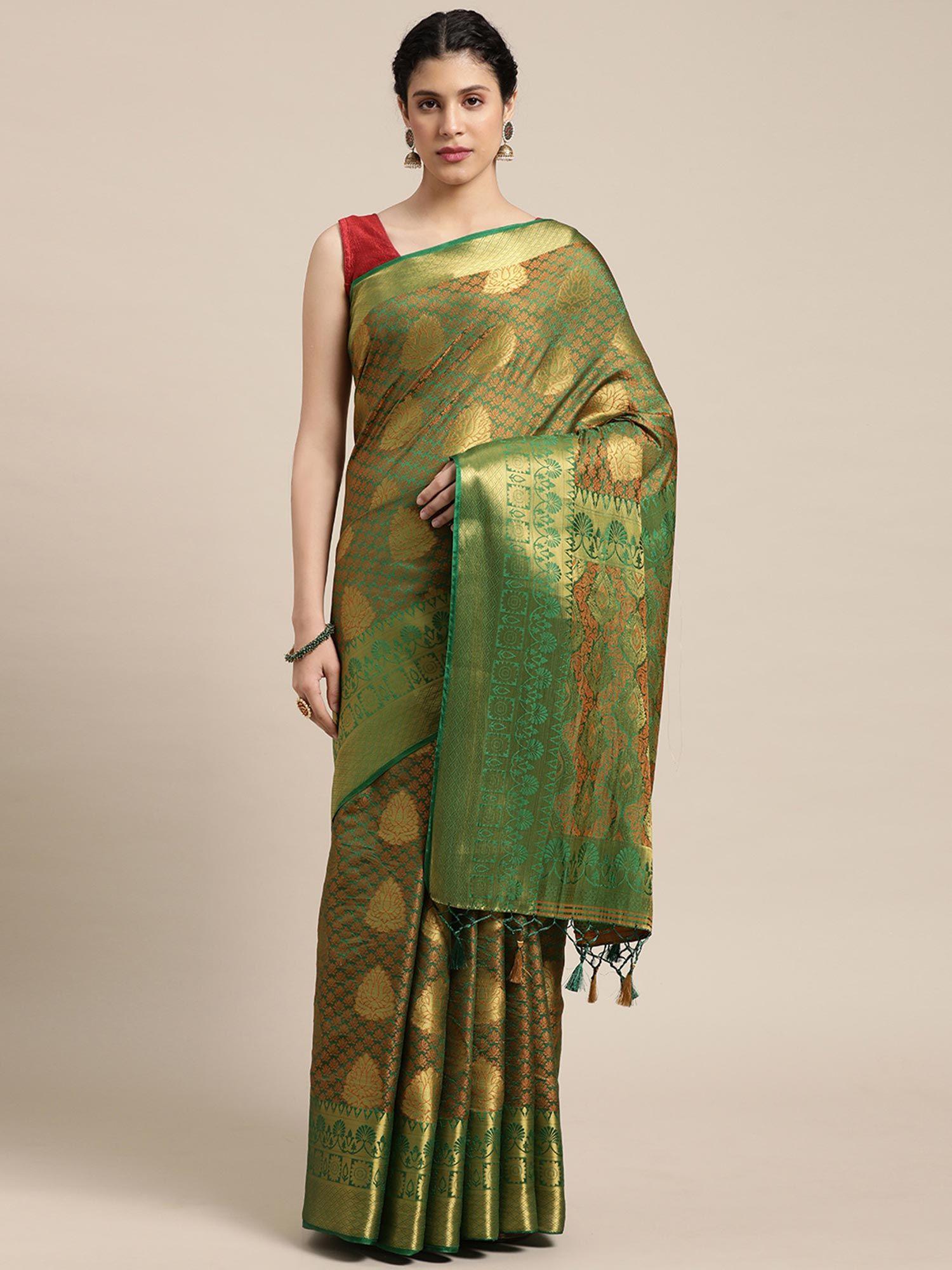 women's kanjivaram art silk green saree with unstitched blouse